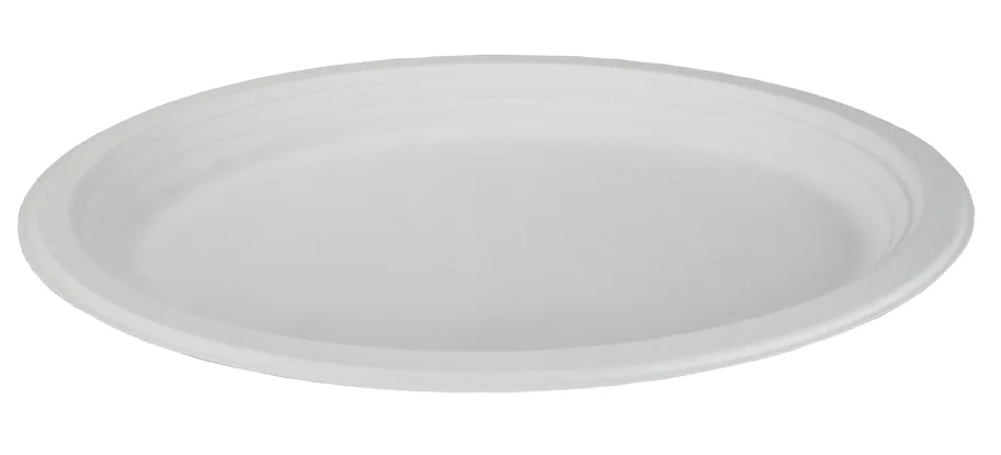 Einweg Teller aus Bagasse, weiss, oval, 31 x 25 cm